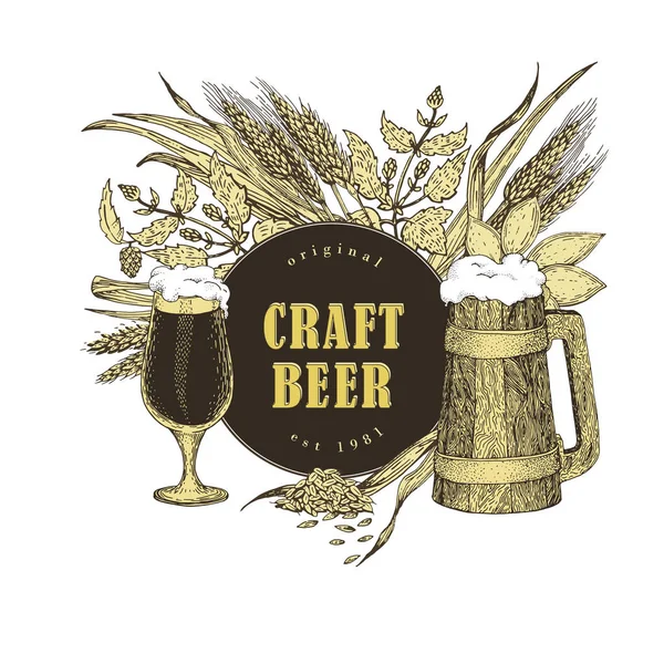 Craft-Bier-Banner-Vorlage. Vektorillustration im Skizzenstil. handgezeichnete Bier-Logo-Vorlage. Jahrgang. kann für Restaurants, Bars, Kneipen, Brauereien verwendet werden. — Stockvektor