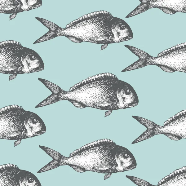Hand getrokken schets zeevruchten achtergrond. Vector naadloze patroon met vis. Vintage dorado illustratie. Kan worden gebruikt voor het menu of het ontwerp van de verpakking. Gegraveerde stijl. Retro zalm illustratie. — Stockvector
