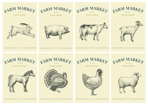 Çiftlik hayvanları içeren etiketleri. Mağazalar ve marketler organik gıda için şablon ayarla fiyat etiketleri. Vektör retro illüstrasyon sanat. Elle çizilmiş hayvanlar.
