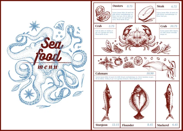 Restaurante menu de frutos do mar café, design de modelo. Pode ser usado como menu, design de cartão de jantar. Ilustração retrô desenhada à mão —  Vetores de Stock