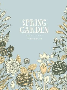 Vektör el botanik afiş çekilmiş. Vintage illüstrasyon. Vektör tasarım şablonu. Çiçek arka plan.