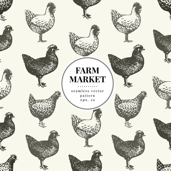 Seamless farm vector pattern. Graphical hen silhouette, hand drawn vintage illustrations. Retro farm birds background. — Stock Vector