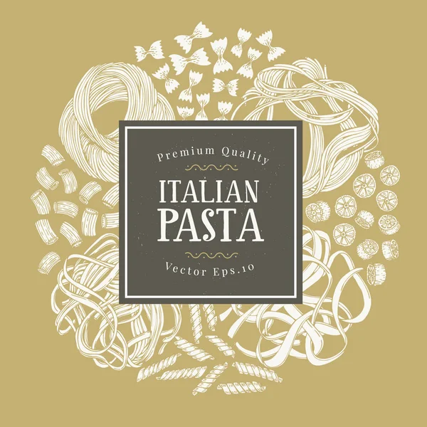 Vector ram med olika typer av traditionell italiensk pasta. Handritad bakgrund. Kan användas för menyn eller förpackningsdesign. Italienska köket illustration. — Stock vektor