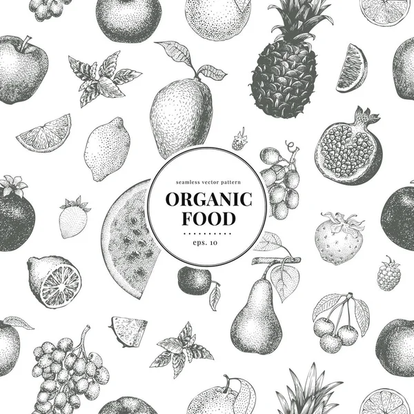 Fruits dessin à la main vectoriel motif sans couture. Modèle de bannière. Fond de style gravé rétro. Peut être utilisé pour menu, étiquette, emballage, produits du marché agricole . — Image vectorielle