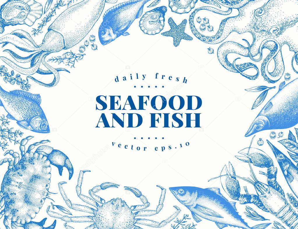 Vector vintage seafood and fish restaurant illustration. Hand drawn banner template. Can be use for restaurants, packaging, emblem business promote.
