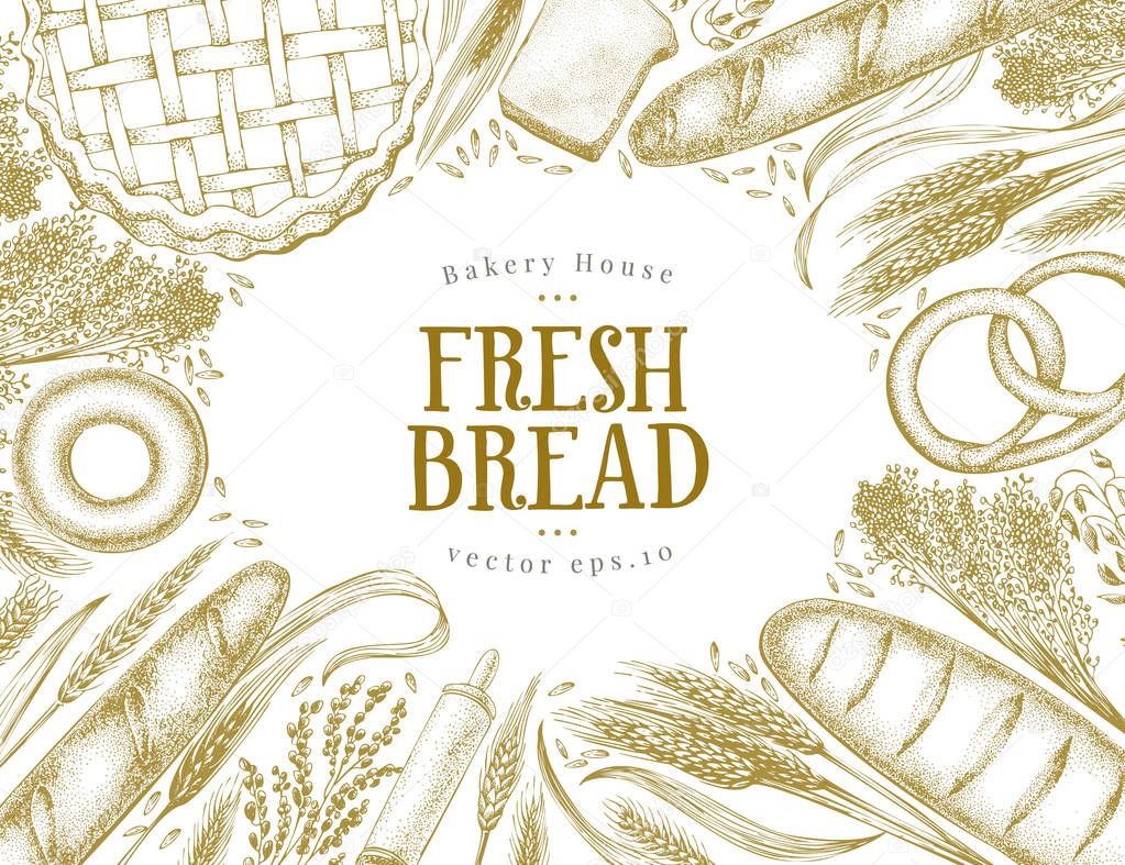 Bakery top view banner. Hand drawn frame with bread, pastry, wheat. Bakery set vector illustration. Background design template. Engraved vintage style