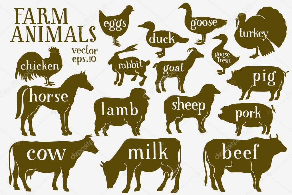 Vector farm animals silhouettes. Retro illustrations. Hand drawn animals