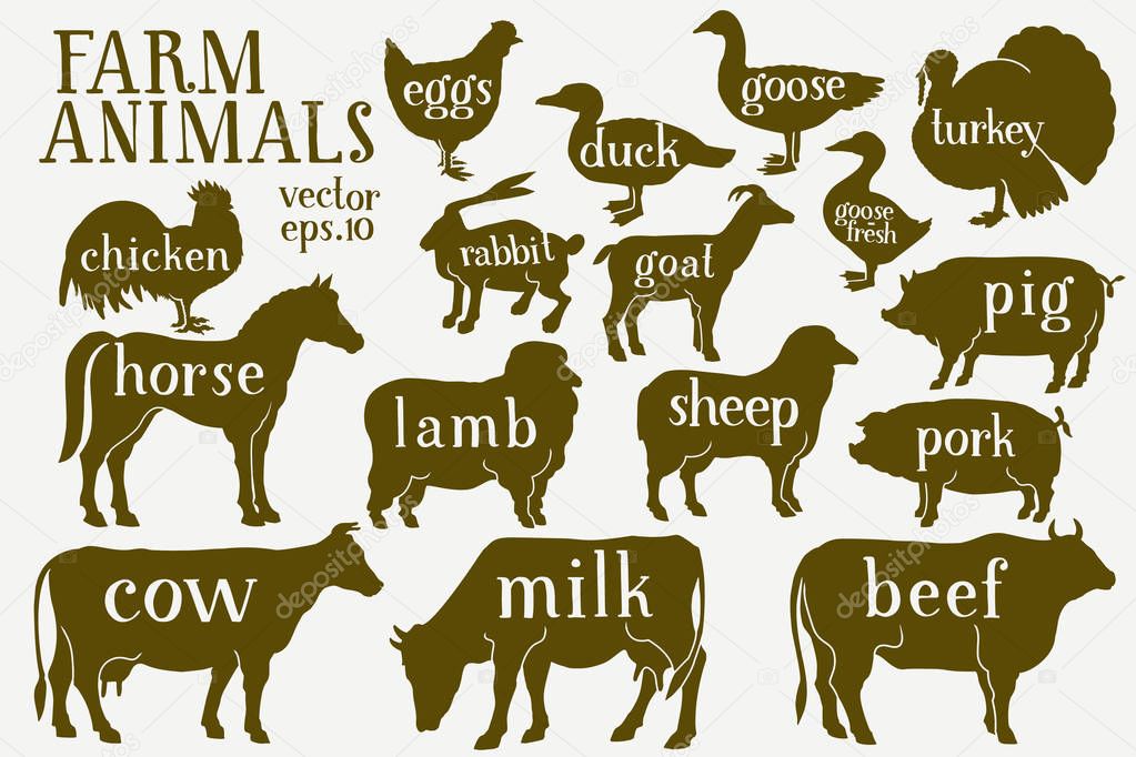 Vector farm animals silhouettes. Vintage illustrations. Hand drawn animals