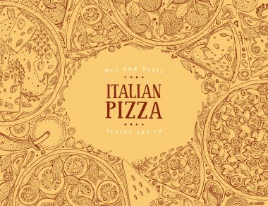 Vektör İtalyan pizza üstten görünüm çerçeve. Klasik İtalyan gıda grubu. Gıda afiş tasarım şablonu. Vintage elle çizilmiş kroki çizim.
