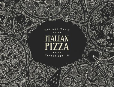 Tebeşir tahtası İtalyan pizza üstten görünüm karede vektör. Klasik İtalyan gıda grubu. Gıda afiş tasarım şablonu. Vintage elle çizilmiş kroki çizim.