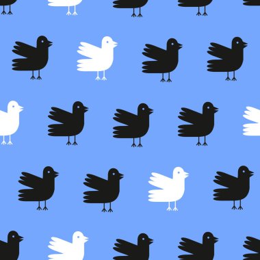 Mavi arka plan üzerinde komik karikatür kuşlar seamless modeli. Vektör çizim.