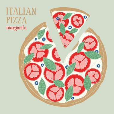 İtalyan Pizza Margarita renkli Illustration. Çizilmiş vektör çizim el.
