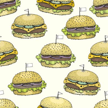 Vektör hamburger ile seamless modeli. El vektör arka plan çekilmiş. Fast food illüstrasyon. El çekilmiş görüntüsü. Amerikan Mutfagi. Burger Restoran menü tasarımı kullanmak olabilir.