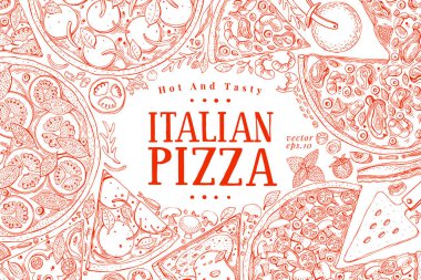 Vektör İtalyan pizza üstten görünüm çerçeve. Klasik İtalyan gıda grubu. Gıda afiş tasarım şablonu. Vintage elle çizilmiş kroki çizim.
