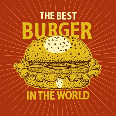 Retro lokanta hamburger poster. Elle çizilmiş gıda illüstrasyon. Fast food, aperatif ve paket servisi olan Restoran Menü ve başlık kullanmak olabilir.