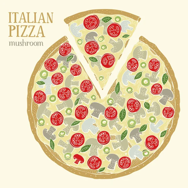 Illustrazione colorata della pizza italiana con funghi. Illustrazione del vettore disegnato a mano . — Vettoriale Stock
