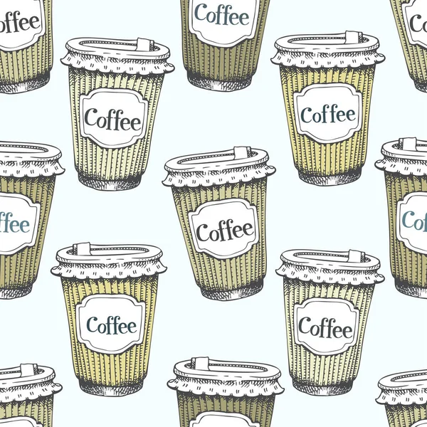 Seamless pattern with hand drawn cups of coffee to go. Vector fast food background. Vintage style. — Stock Vector