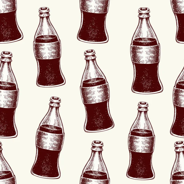 Cola in bottiglie di vetro. Modello disegnato a mano vettore senza soluzione di continuità con bevande. Bevanda con bollicine in stile vintage . — Vettoriale Stock