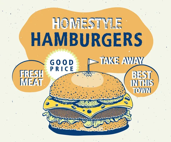 Retro snabbmat hamburgare affisch. Handritad mat illustration. Kan användas för snabbmat, snacks och takeaway meny och banner. — Stock vektor