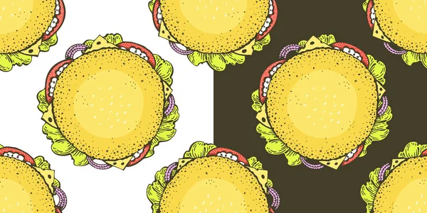 Patrón sin costura vectorial con hamburguesas de vista superior en fondos blancos y oscuros. Fondo vectorial dibujado a mano. Comida rápida ilustración dibujada a mano. Puede ser utilizado para el diseño de menú de restaurante hamburguesa . — Vector de stock