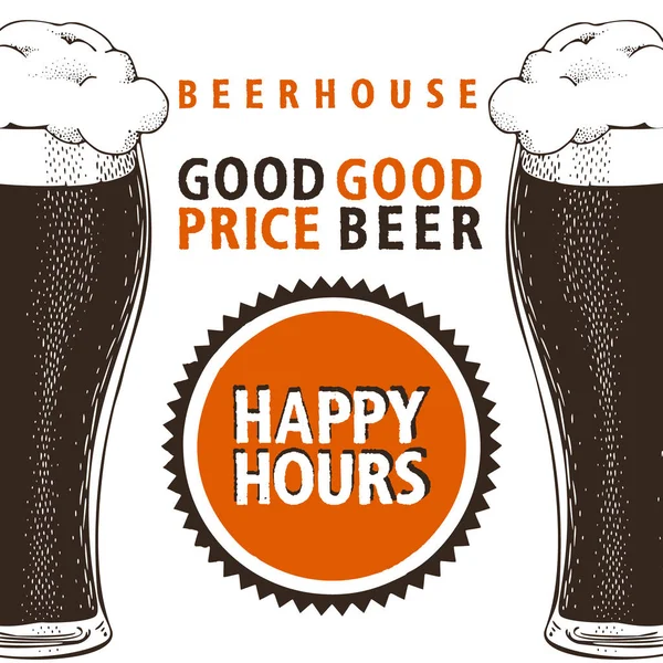 Happy hours bier banner. Vector poster sjabloon met bierglazen in retro stijl. Kan worden gebruikt voor beerhouse, café, restaurant, bar, pub. Hand getekende illustratie. — Stockvector