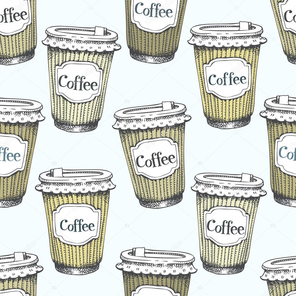 Seamless pattern with hand drawn cups of coffee to go. Vector fast food background. Vintage style.