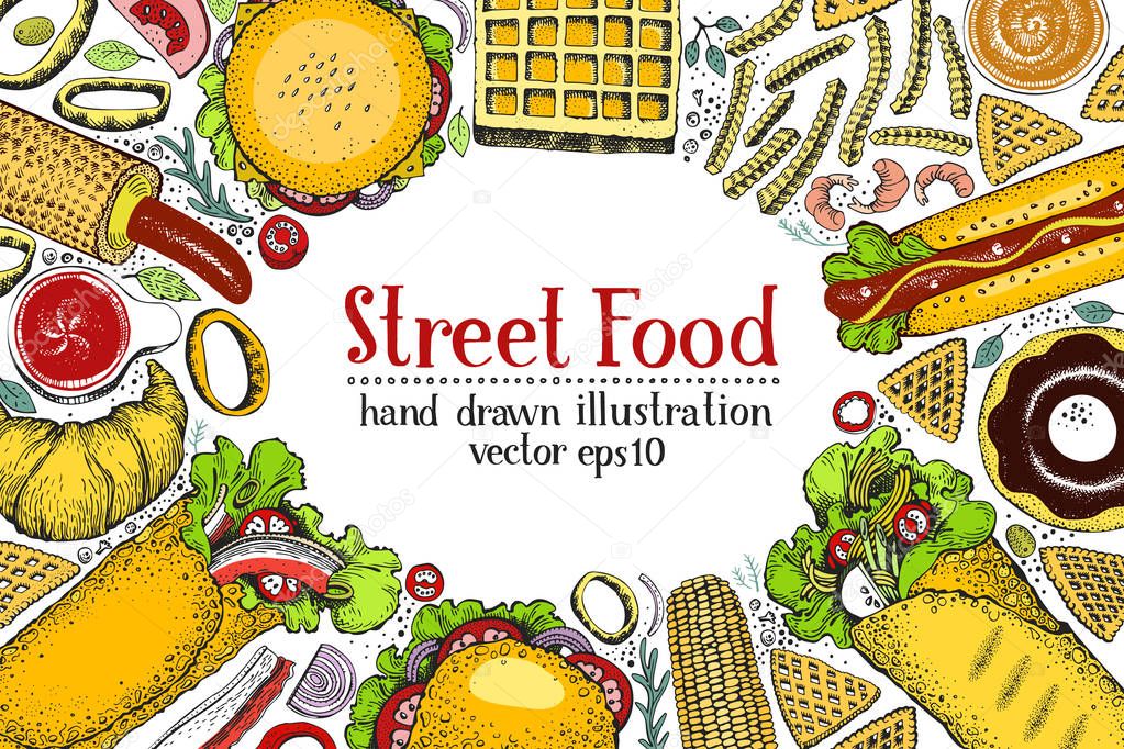 Hand drawn colorful fast food banner. Street food top view background. Hand drawn vector illustration. Can be use for restaurant, cafe menu, flyer, poster.