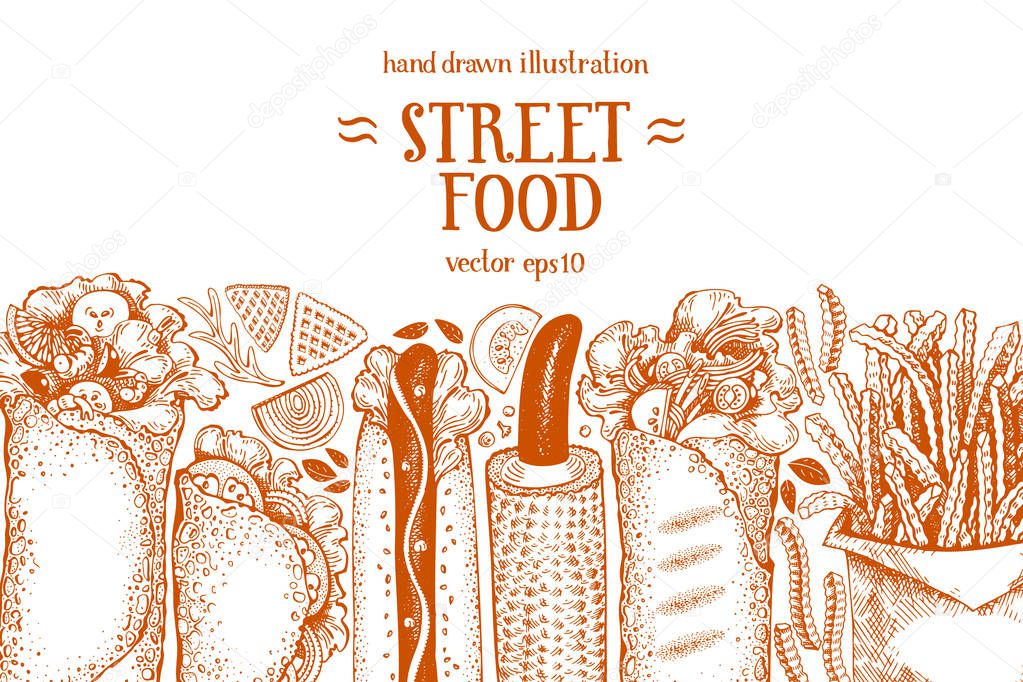 Hand drawn fast food banner. Street food background. Hand drawn vector illustration. Can be use for restaurant, cafe menu, flyer, poster.