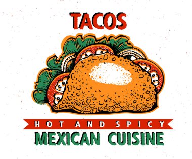 Taco. Meksika yemeği. Geleneksel Meksika mutfağı. Banner şablon. İllüstrasyon vektör el çekilmiş. Fast food, aperatif ve paket servisi olan Restoran Menü ve başlık kullanmak olabilir. Retro tarzı.