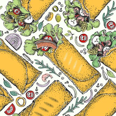 Burrito ile Seamless modeli. Meksika yemeği arka plan. Geleneksel Meksika mutfağı. Çizilen illüstrasyon vektör ver. Fast food, aperatif ve paket servisi olan Restoran Menü ve başlık kullanmak olabilir. Retro tarzı.