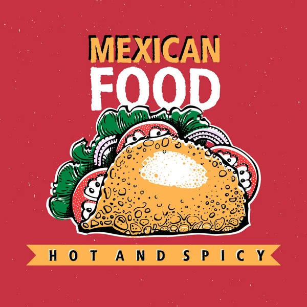 Taco. Comida mexicana. Cozinha mexicana tradicional. Modelo de banner. Vector mão desenhada Ilustração. Pode ser usado para fast food, lanche e takeaway menu e banner. Estilo retrô . — Vetor de Stock