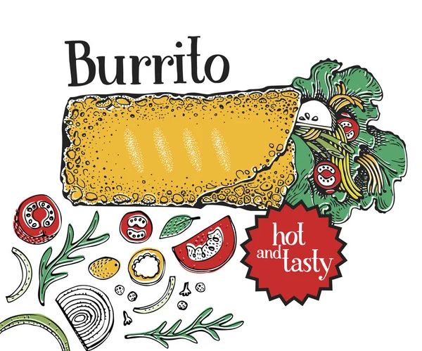 ブリトー。メキシコ料理。伝統的なメキシコ料理。バナー テンプレート。ロゴベクトルの手には、図が描画されます。ファーストフード、軽食やテイクアウト メニューやバナーの使用をすることができます。レトロなスタイル. — ストックベクタ