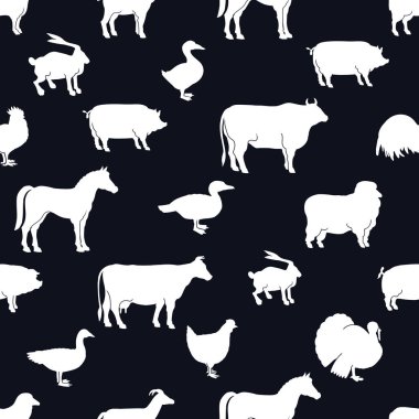 Vektör çiftlik hayvanları ve kümes hayvanları arka plan. Siyah beyaz resim. Çizilmiş hayvan ve kuş silhouettes ver. Çiftlik seamless modeli.