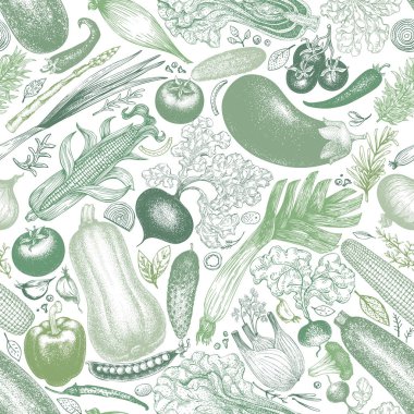 Sebze vektör seamless modeli. Retro oyulmuş tarzı arka plan. Elle çizilmiş şekil. Menü, paketleme, tarım Pazar ürünleri kullanmak olabilir.
