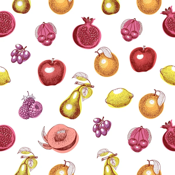 Fruits hand drawn vector seamless pattern. Retro engraved style background. Can be use for menu, label, packaging, farm market products. — Stock Vector