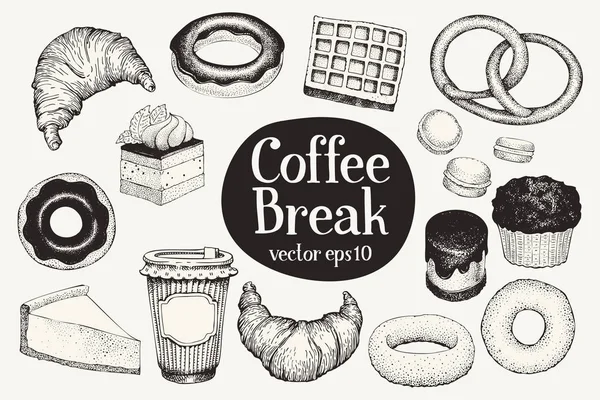 Pausa para café. Conjunto de sobremesas. Ilustrações desenhadas à mão vetorial. Comida estilo vintage. Pode ser usado para padaria e menu de café . —  Vetores de Stock