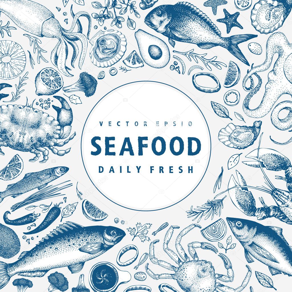 Seafood vector frame illustration. Can be use for restaurants menu, cover, packaging. Vintage hand drawn banner template. Retro background.