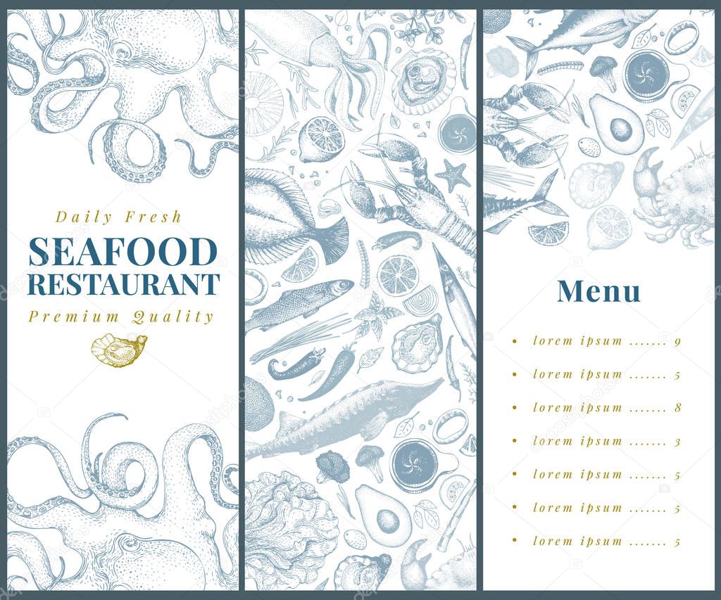 Seafood banner vector template set. Can be use for restaurants menu, cover, packaging. Vintage hand drawn banner template. Retro background.