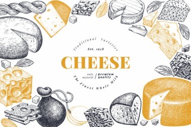 Peynir tasarım şablonu. El çizimi vektör sütçü çizimi. En