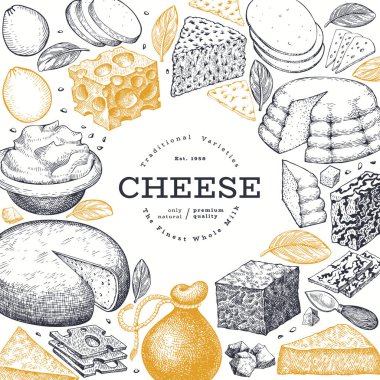Peynir tasarım şablonu. El çizimi vektör sütçü çizimi. En