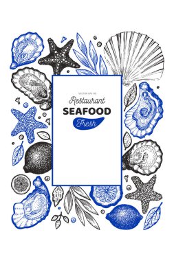 İstiridye ve baharatlar tasarım şablonu. El çizilmiş vektör ıllustrati
