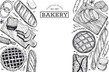 Ekmek ve pasta afiş. Vektör fırın el çizilmiş illüstrasyon. 