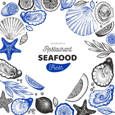 İstiridye ve baharatlar tasarım şablonu. El çizilmiş vektör ıllustrati