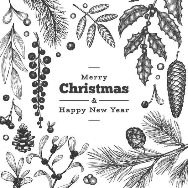 Christmas hand drawn vector greeting card template. Vintage styl — Stock Vector