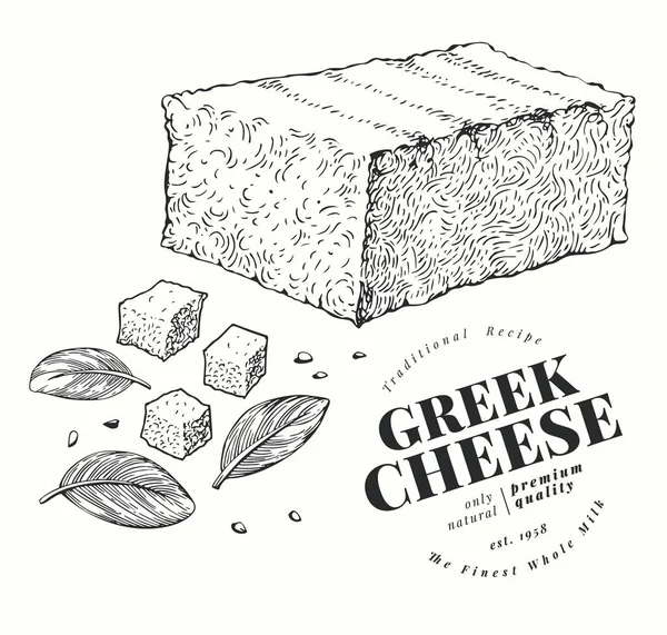 Griechischer Käse. handgezeichnete Vektor Molkerei Illustration. — Stockvektor