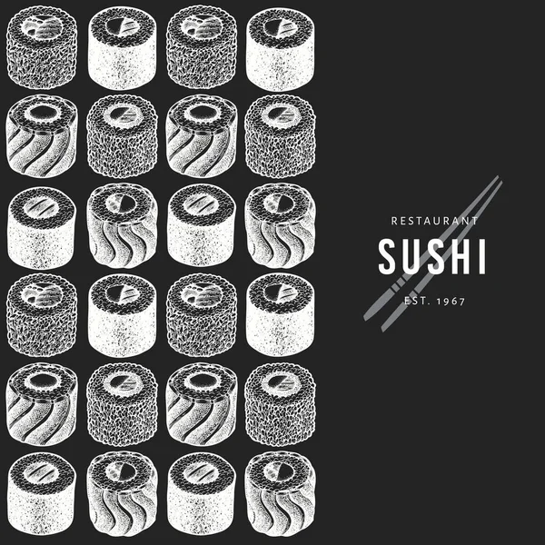 Modelo de design Sushi. Ilustrações vetoriais desenhadas à mão sobre giz — Vetor de Stock