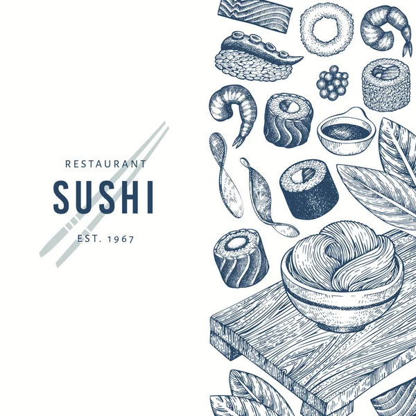 Modelo de design de cozinha japonesa. Sushi mão desenhada vetor ilust — Vetor de Stock