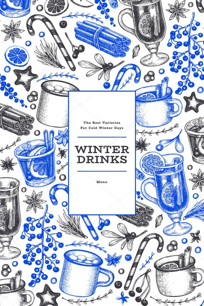 Winter drinks vector design template. Hand drawn engraved style 