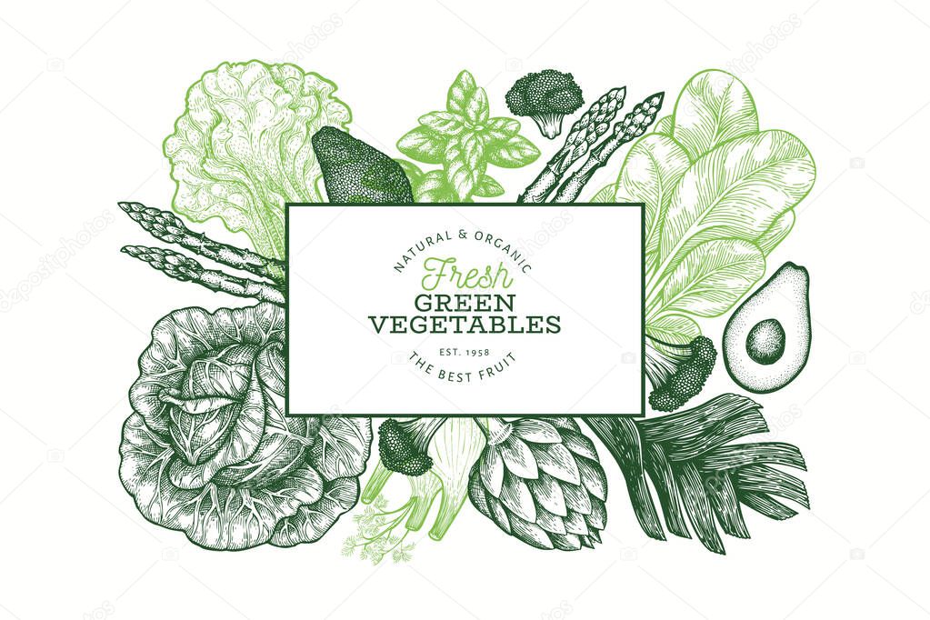 Green vegetables design template. Hand drawn vector food illustr