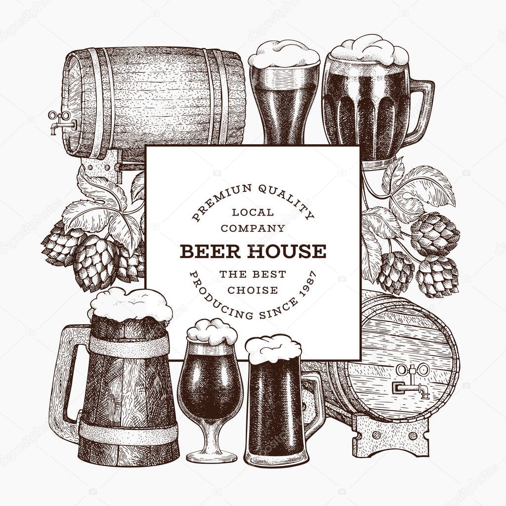 Beer and hop design template. Hand drawn vector brewery illustra